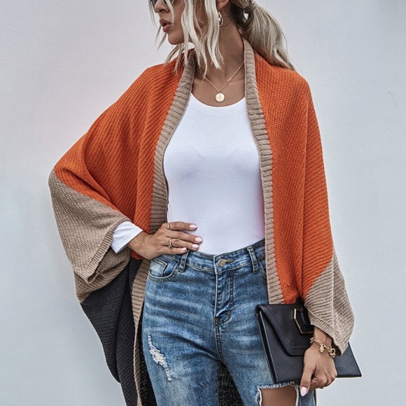 color block open front dolman style fall cardigan - Picture 6 of 11